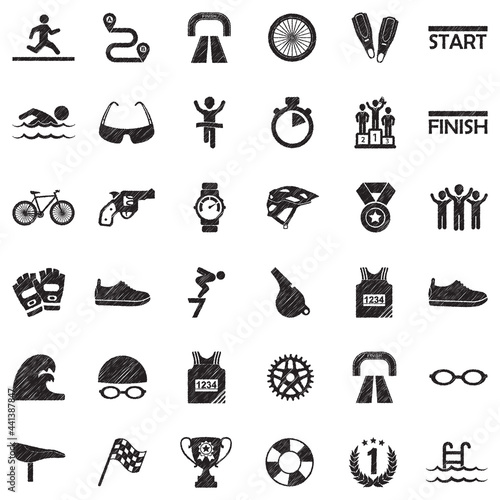 Triathlon Icons. Black Scribble Design. Vector Illustration.