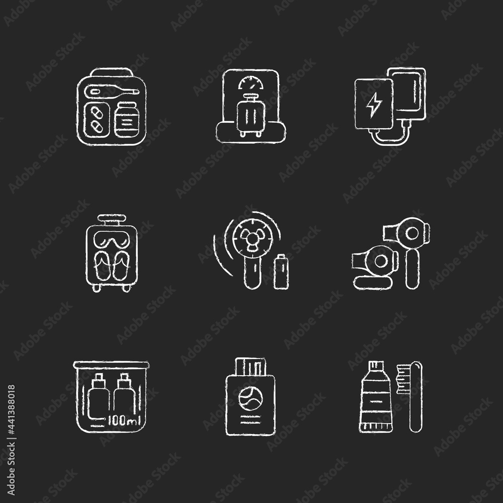 Airplane passenger travelling things chalk white icons set on dark background. First aid kit. Weighing baggage. Mini size objects for tourist comfort. Isolated vector chalkboard illustrations on black Airplane passenger travelling things chalk white icons set on dark background. First aid kit. Weighing baggage. Mini size objects for tourist comfort. Isolated vector chalkboard illustrations on black