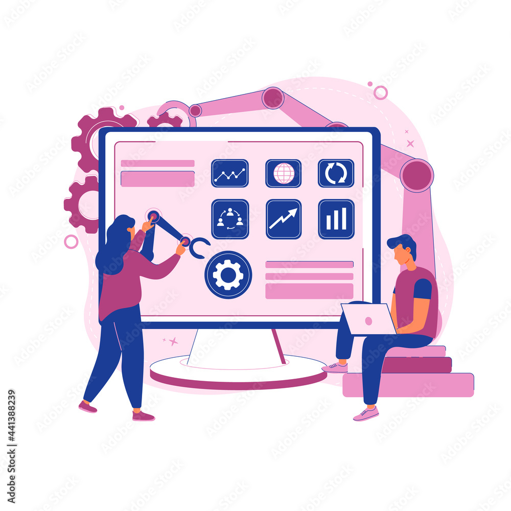 The concept of an automated business system. An analyst working on a laptop with an automation process. Documenting business processes. Pink, blue. Flat style. Vector illustration The concept of an automated business system. An analyst working on a laptop with an automation process. Documenting business processes. Pink, blue. Flat style. Vector illustration