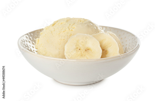 Scoop of ice cream and banana slices in bowl isolated on white
