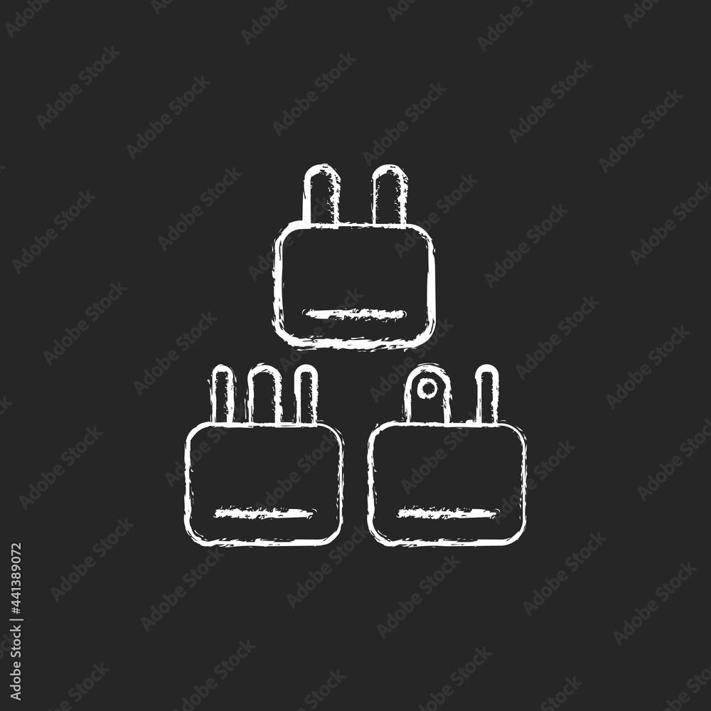 Travel adapter chalk white icon on dark background. Universal plug for airplane passenger. Portable amenities. Travel size objects. Isolated vector chalkboard illustration on black Travel adapter chalk white icon on dark background. Universal plug for airplane passenger. Portable amenities. Travel size objects. Isolated vector chalkboard illustration on black