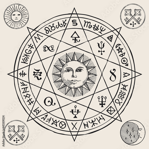 Hand-drawn illustration with the Sun inside an octagonal star and esoteric symbols on an old paper background. Vector banner or amulet in retro style in the form of a circle with magic runes and signs
