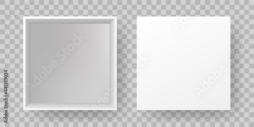 Realistic boxes mockup top view. White open 3d square package, closed blank paper pack container. Vector illustration