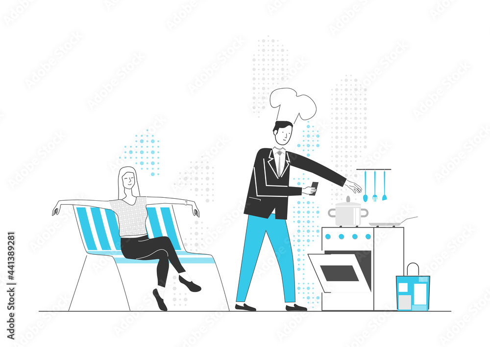 Relaxed woman watching a man cooking in the kitchen. Limited colour flat vector. Relaxed woman watching a man cooking in the kitchen. Limited colour flat vector.
