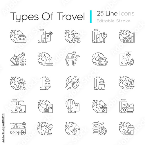 Types of travel linear icons set. No destination trip. Business and recreation journey. Tourism industry. Customizable thin line contour symbols. Isolated vector outline illustrations. Editable stroke