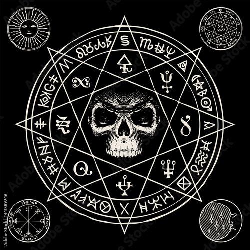 Hand-drawn illustration with a sinister human skull inside an octagonal star and esoteric symbols on a black background. Vector banner or amulet in form of circle with witchcraft signs and magic runes