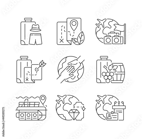 Types of tourism linear icons set. International trip for recreation and entertainment. Travel industry. Customizable thin line contour symbols. Isolated vector outline illustrations. Editable stroke