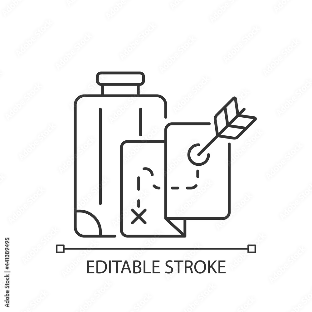 Saggitatourism linear icon. Dart mark on map to decide journey destination. Plan vacation. Thin line customizable illustration. Contour symbol. Vector isolated outline drawing. Editable stroke Saggitatourism linear icon. Dart mark on map to decide journey destination. Plan vacation. Thin line customizable illustration. Contour symbol. Vector isolated outline drawing. Editable stroke