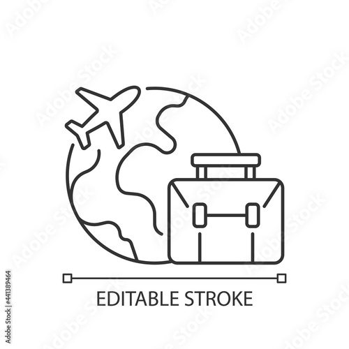 Business travel linear icon. Fly abroad for work meeting. International journey. Tourism industry. Thin line customizable illustration. Contour symbol. Vector isolated outline drawing. Editable stroke