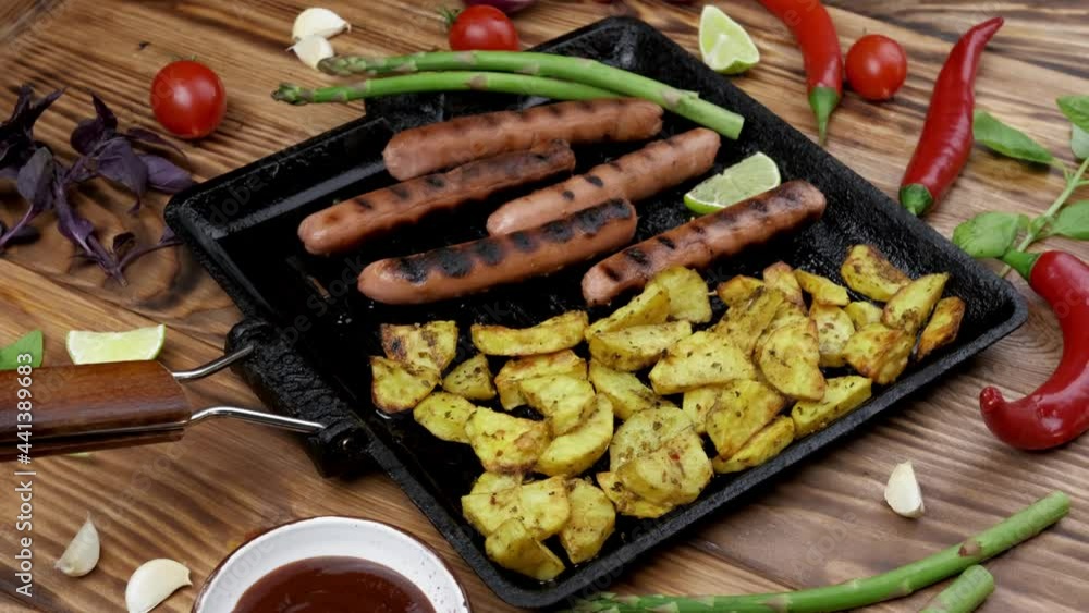Baked potatoes and grilled soy sausages on dark wooden background. Flat lay. vegan fast food Baked potatoes and grilled soy sausages on dark wooden background. Flat lay. vegan fast food