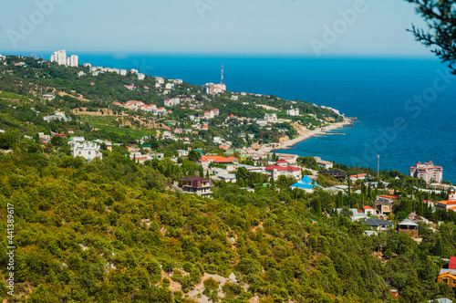 Awesome landscape of village by the sea. View from a mountain