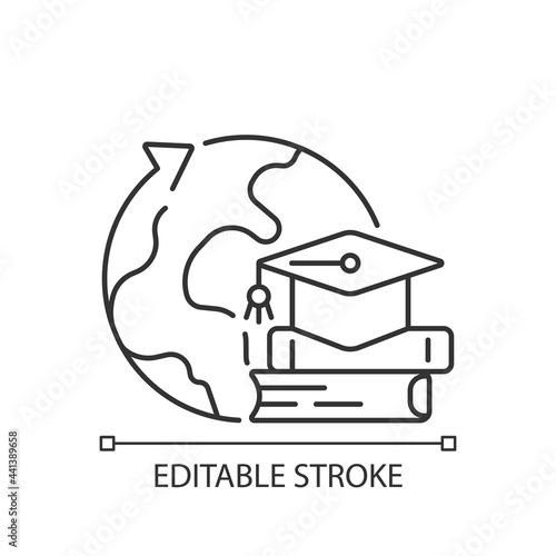 Student exchange programme linear icon. Flight for university education. International trip. Thin line customizable illustration. Contour symbol. Vector isolated outline drawing. Editable stroke