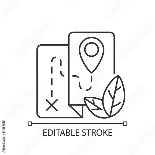 Ecotourism linear icon. Ethical and responsible trip. Eco friendly journey. Point of destination. Thin line customizable illustration. Contour symbol. Vector isolated outline drawing. Editable stroke