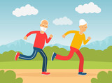 Old Man and Woman Running in the Park Doing Sport Vector Illustration