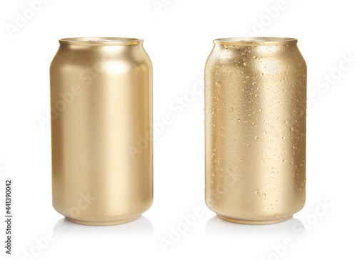 Aluminium cans of beverage on white background