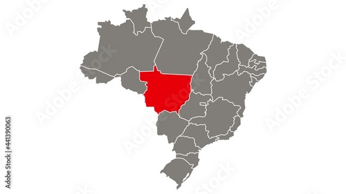 Mato Grosso federative unit blinking red highlighted in map of Brazil photo