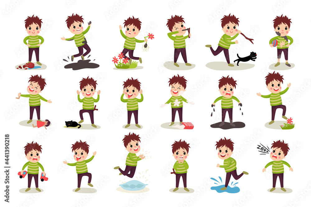 Naughty Boy Jumping in Puddle and Breaking Toy Car Vector Illustration Set