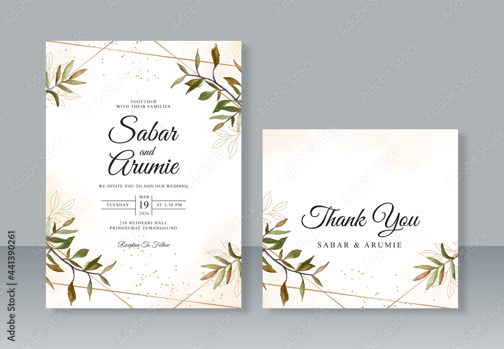 Geometric wedding invitation template with watercolor foliage