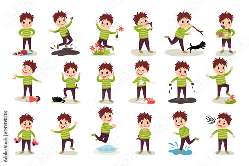 Naughty Boy Jumping in Puddle and Breaking Toy Car Vector Illustration Set
