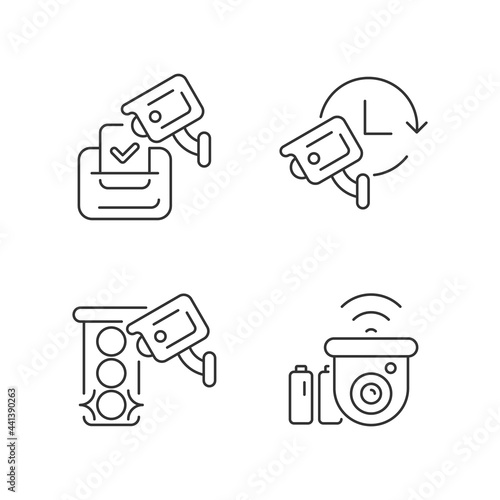 Surveillance system linear icons set. Electoral fraud prevention. 24 hour monitoring. Roadway camera. Customizable thin line contour symbols. Isolated vector outline illustrations. Editable stroke