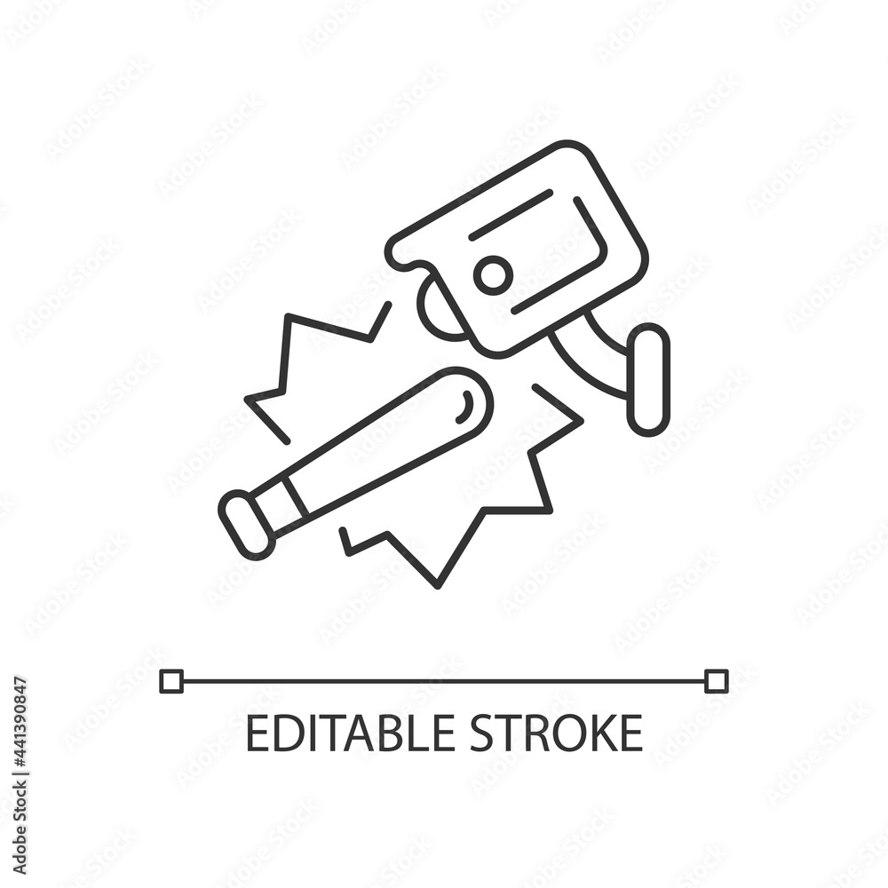 Public safety with video surveillance linear icon. Decreasing violent acts and vandalism risk. Thin line customizable illustration. Contour symbol. Vector isolated outline drawing. Editable stroke Public safety with video surveillance linear icon. Decreasing violent acts and vandalism risk. Thin line customizable illustration. Contour symbol. Vector isolated outline drawing. Editable stroke