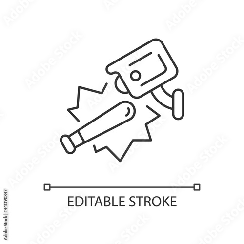 Public safety with video surveillance linear icon. Decreasing violent acts and vandalism risk. Thin line customizable illustration. Contour symbol. Vector isolated outline drawing. Editable stroke
