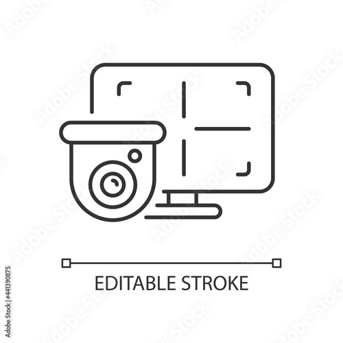 CCTV monitor linear icon. Device for surveillance video in real-time display. Visual picture. Thin line customizable illustration. Contour symbol. Vector isolated outline drawing. Editable stroke