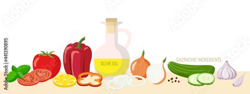 Tomato soup. Set of foods to make gazpacho. Culinary course poster concept. Vegetables for recipe poster for restaurant menu or cooking recipe template. Vector for wall art decor, culinary school.