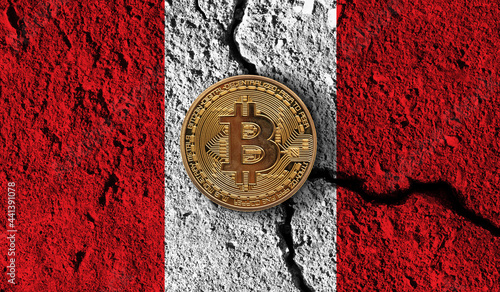 Bitcoin crypto currency coin with cracked Peru flag. Crypto restrictions photo