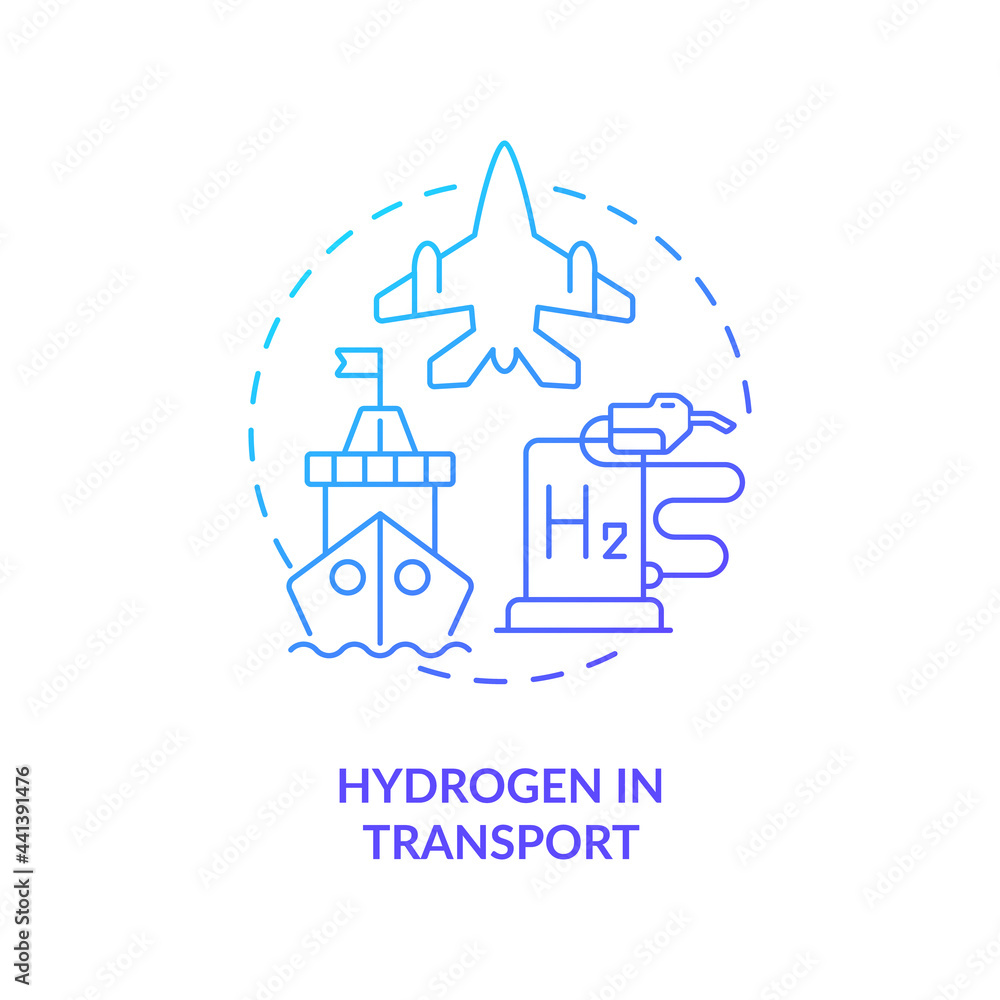 Hydrogen in transport concept icon. Use renewable energy abstract idea thin line illustration. Air travel sector. Commercial fleets. Fuel cell electric vehicles. Vector isolated outline color drawing