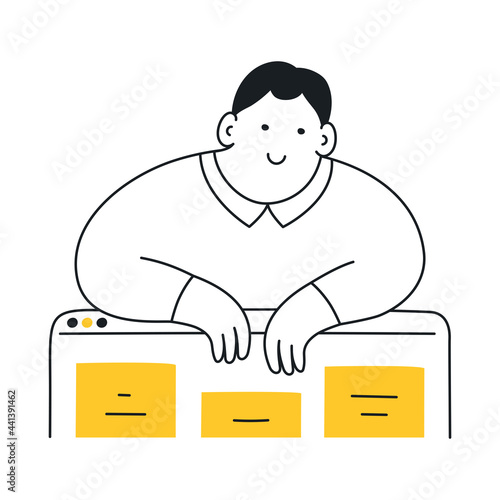 Product management and development, work with prioritization, tasks, and features on the dashboard. The cute elegant cartoon manager is standing near the dashboard on the laptop screen. 