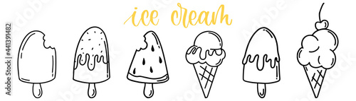 Ice cream icons in doodle. Cartoon ice cream collection. Hand drawn illustration. Text lettering. Sketch style. Vector illustration. EPS 10