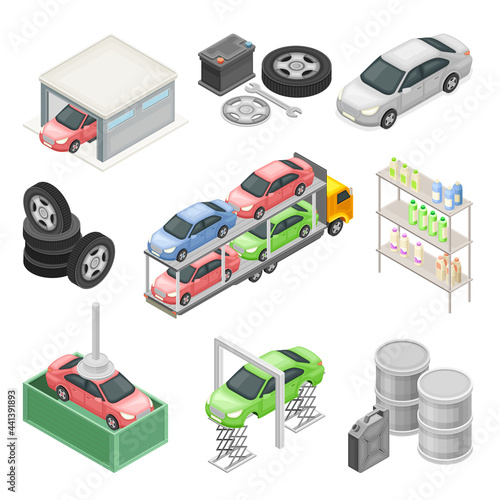 Car or Motor Vehicle Service with Operation and Maintenance Procedure Isometric Vector Set