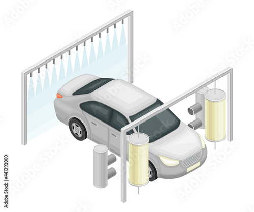 Automatic Car or Motor Vehicle Wash Service and Maintenance Procedure Isometric Vector Illustration