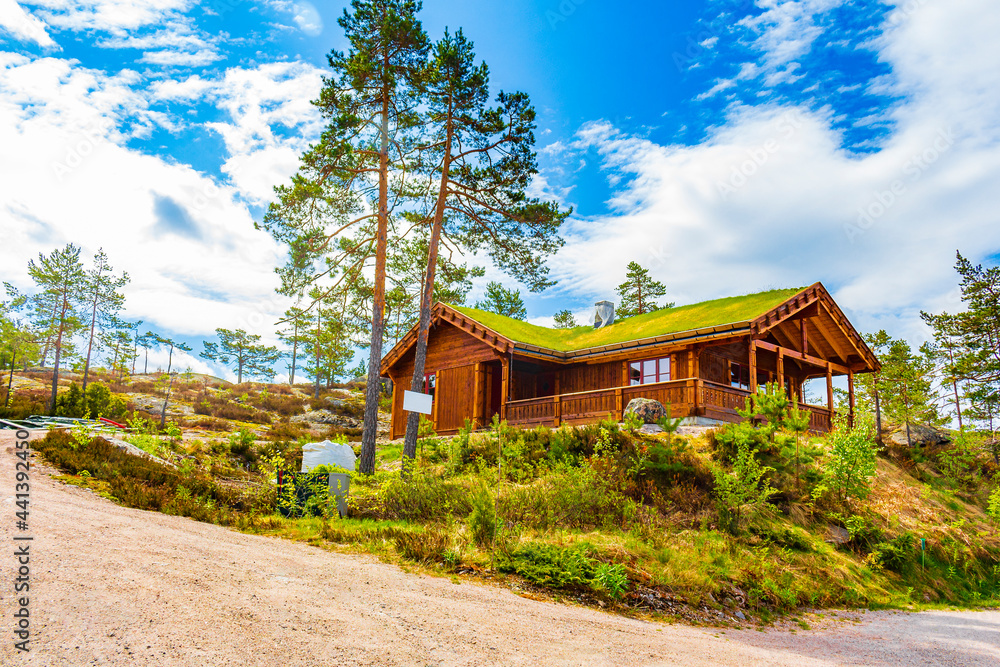 Norwegian wooden cabins cottages in the nature landscape Nissedal Norway.