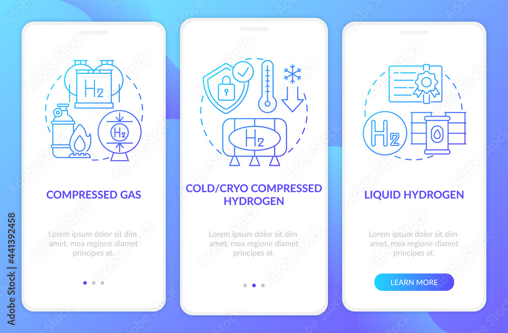 Hydrogen storing systems onboarding mobile app page screen. H2 liquifying walkthrough 3 steps graphic instructions with concepts. UI, UX, GUI vector template with linear color illustrations