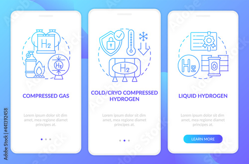 Hydrogen storing systems onboarding mobile app page screen. H2 liquifying walkthrough 3 steps graphic instructions with concepts. UI, UX, GUI vector template with linear color illustrations