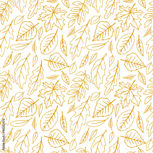Seamless pattern falling leaves. Vector autumn texture isolated on white background, hand drawn in sketch style, orange outline. Concept of forest, leaf fall, nature