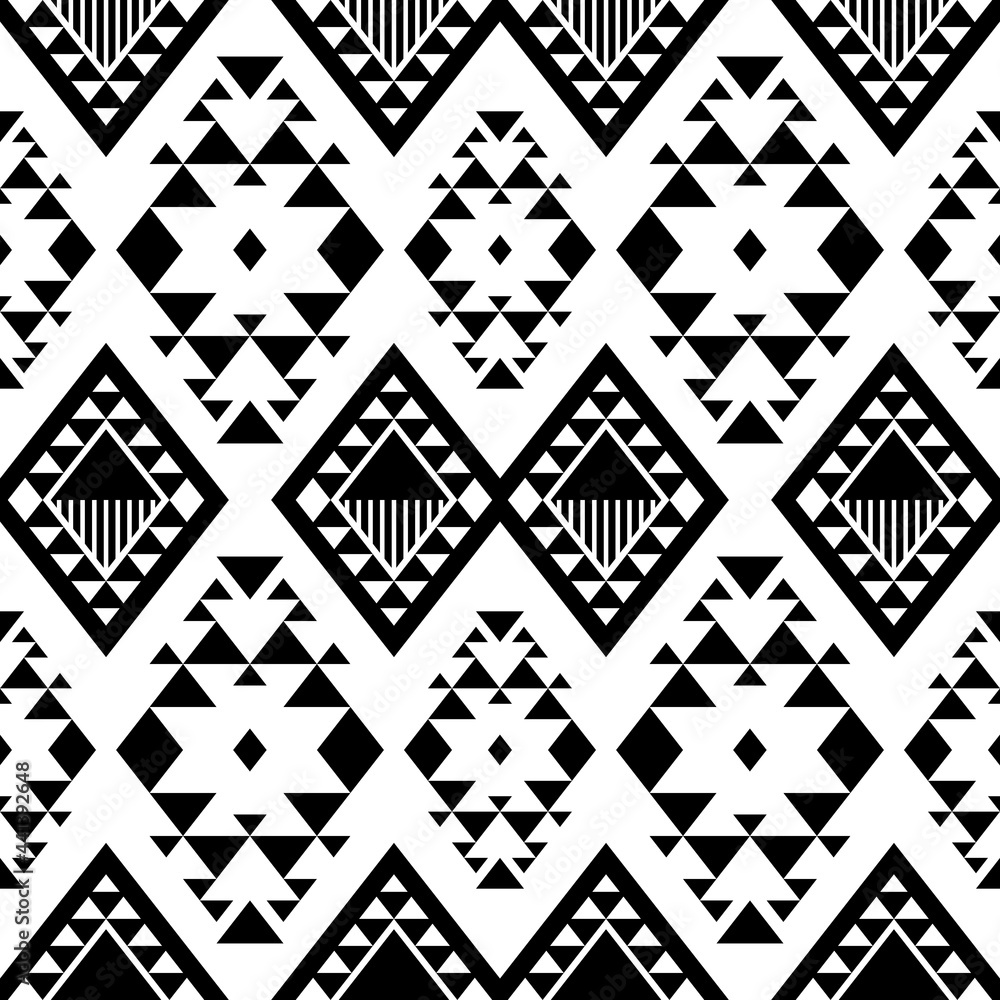 Fototapeta premium black and white seamless ethnic triangle pattern element with geometric shapes design, decorative for printing for background, wallpaper, carpet, floor, curtain, fabric or texture pattern