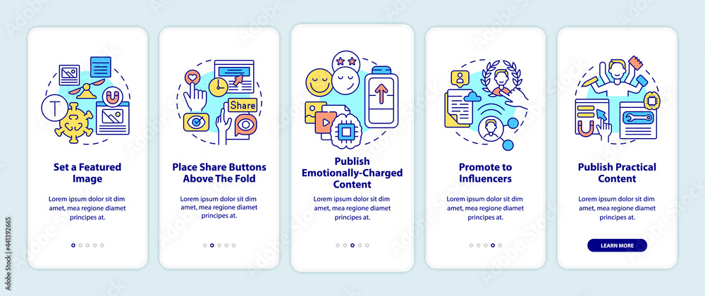 Viral content making tips onboarding mobile app page screen. Set featured image walkthrough 5 steps graphic instructions with concepts. UI, UX, GUI vector template with linear color illustrations