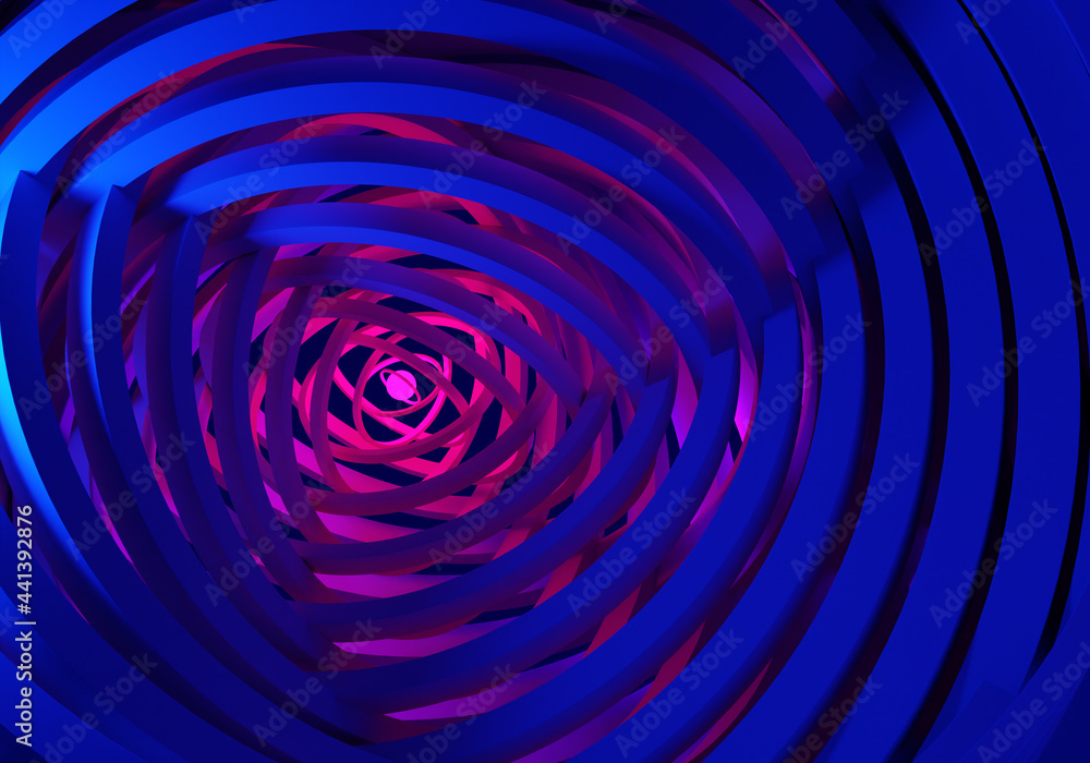 Obraz premium Background on the theme of gyometry. Dark blue pattern with gradient. Tunnel background. Texture symbolizes infinity. Tunnel background with a planet in distance. Texture on abstract theme. 3d image