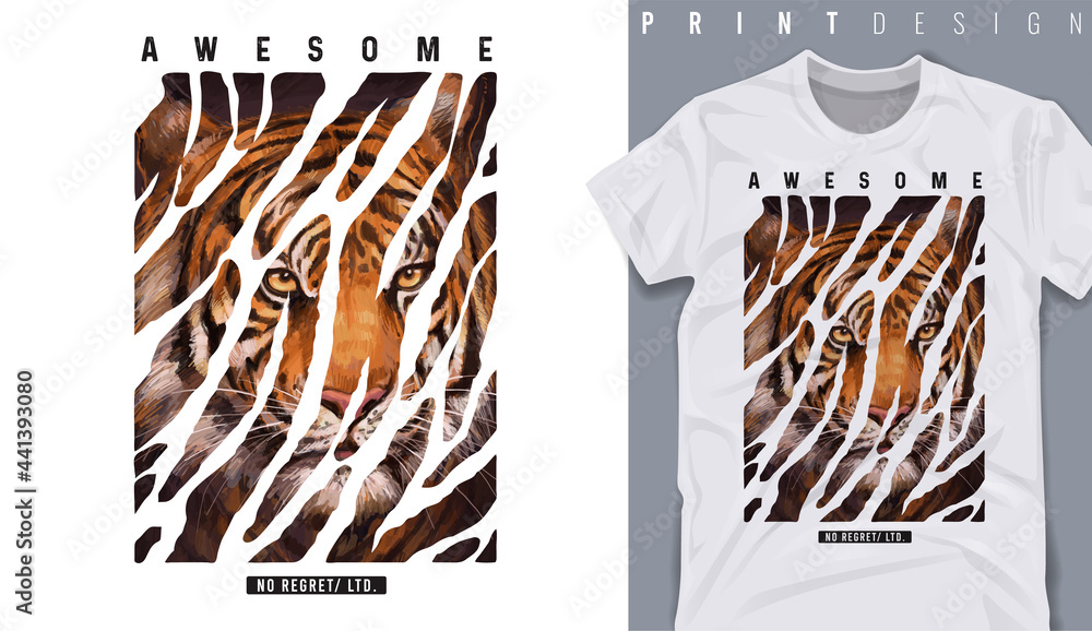 Graphic t-shirt design, awesome slogan with tiger head,vector illustration for t-shirt. - obrazy, fototapety, plakaty 