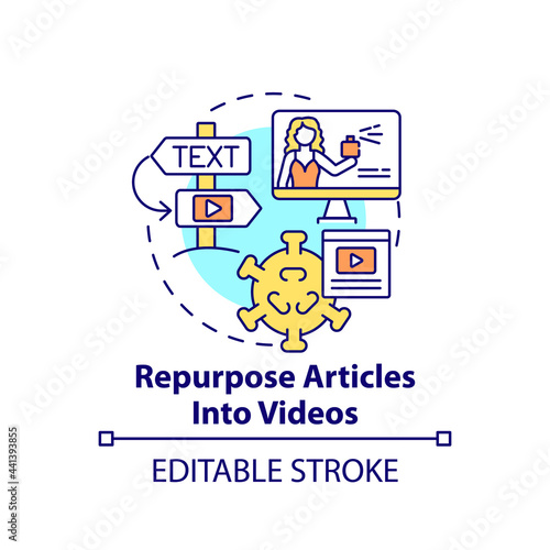 Repurpose articles into videos concept icon. Viral content method abstract idea thin line illustration. Sharing on social media sites. Vector isolated outline color drawing. Editable stroke