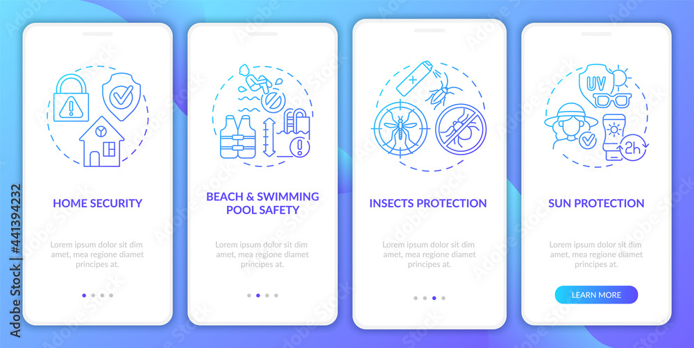 Summer break safety onboarding mobile app page screen. Sun protection walkthrough 4 steps graphic instructions with concepts. UI, UX, GUI vector template with linear color illustrations
