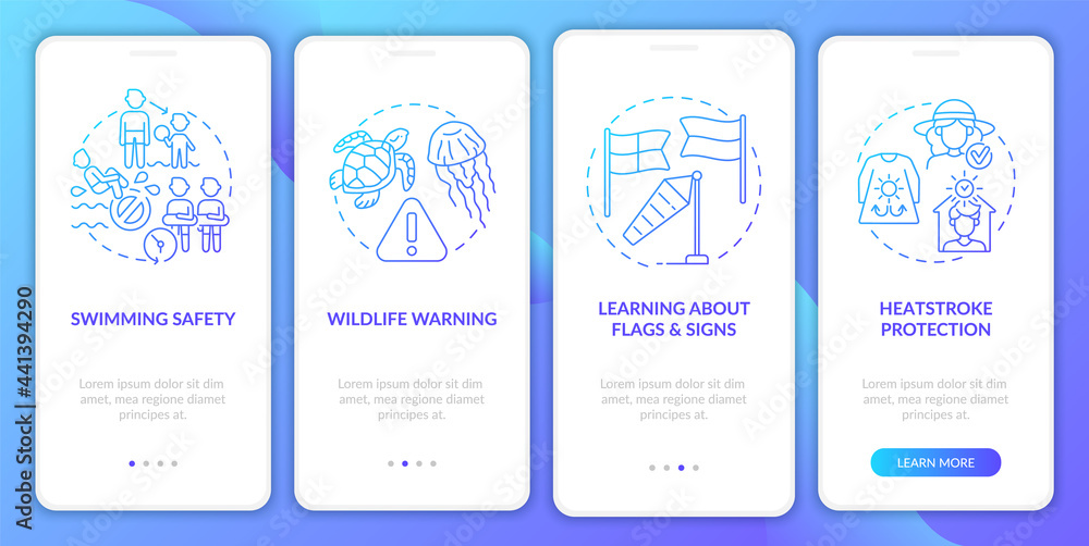 Summer coast safety onboarding mobile app page screen. Wildlife warning walkthrough 4 steps graphic instructions with concepts. UI, UX, GUI vector template with linear color illustrations
