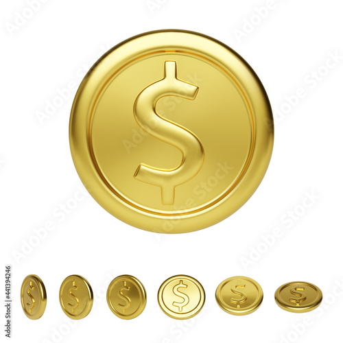 Golden coin front view and different position. Realistic render of glossy metallic coin. Finance and money. Vector