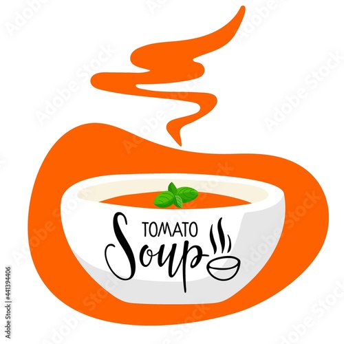 Gazpacho. Soup bowl of orange color puree with basil and tomato soup lettering. Traditional Spanish cold vegetable cream soup. Aromatic soup logo for cafe or restaurant menus. Spanish Cuisine Bowl