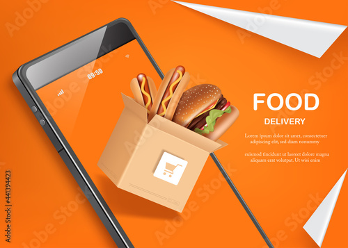 Sausages and hamburgers in a box with a shopping cart image and all on smartphone for food delivery and shopping online concept,vector 3d on orange background for food advertising design