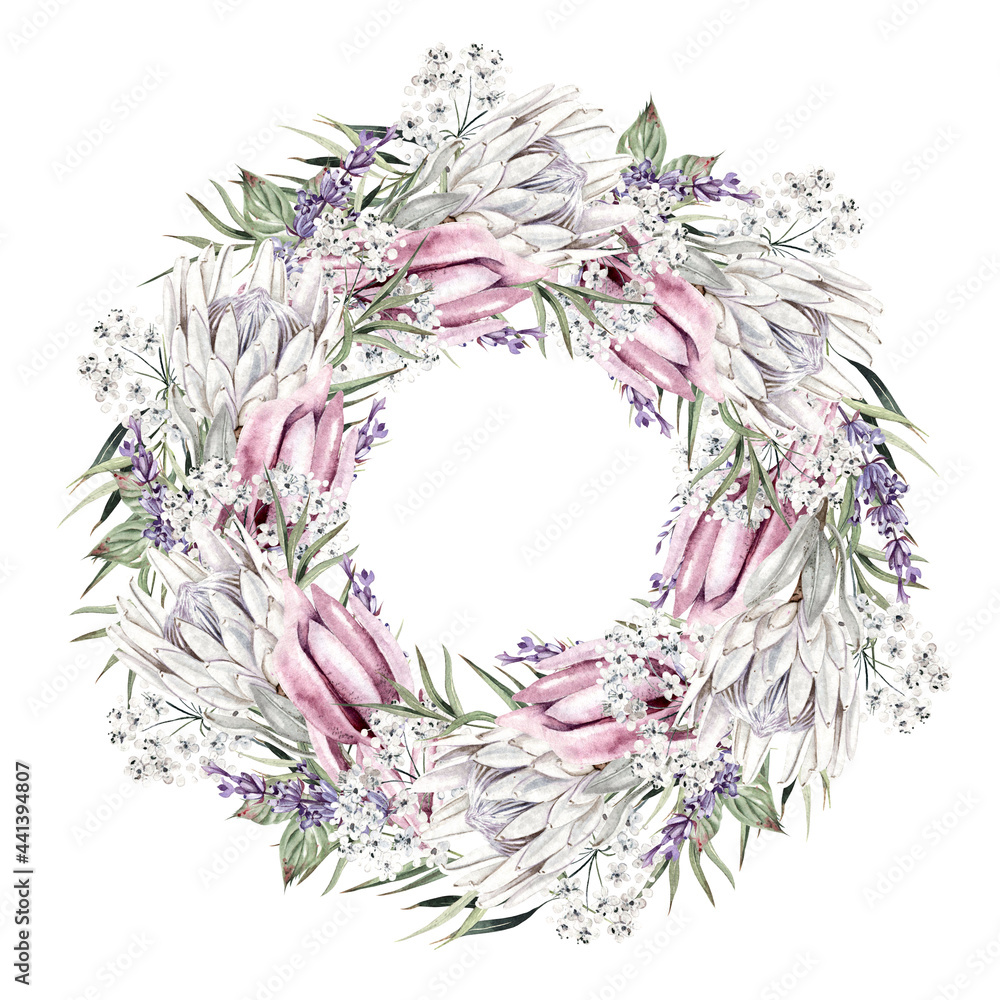 Beautiful watercolor wreath with white flower gypsophila, protea and leaves. Beautiful watercolor wreath with white flower gypsophila, protea and leaves.