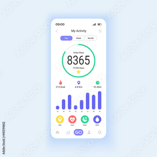 Exercise tracker smartphone interface vector template. Mobile app page design layout. Useful features in sport. Body measurement on smartphone screen. Flat UI for application. Phone display